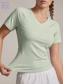 Soyun's New Women's Mesh Loose Short Sleeves, V-Neck, Mermaid Line, Outlining Curves Sports Summer - Green - View 7