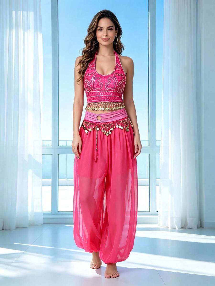 Atasan Crop Top Halter Rumbai Koin Tari Perut dan Celana Harem Tari Longgar Chiffon Ringan (Tersedia Berbagai Warna) - MultiWarna - View 1