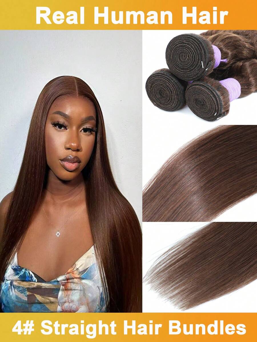 Hair Bundles #4 Chocolate Brown Straight Brazilian Straight Human Hair Bundles Unprocessed Virgin Hair Bundles Human Hair Extensions - S4 - View 1