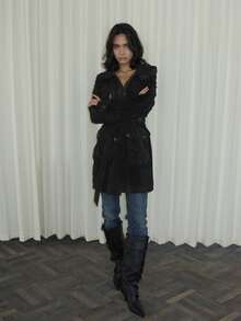 Pointed Toe Loose Fit Knee-High Boots, Metal Buckle Thin High Heel Leather Tall Boots - Black - View 6