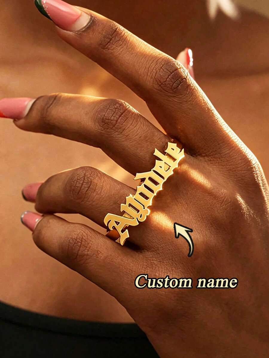 1pc Customized Personalized Double Finger Name Ring, Stainless Steel English Letter Couple Open Ring, Perfect Gift For Friends, Family, Relatives, Lovers, And Christmas - Multicolor - View 1