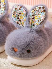 Pantuflas de casa para niños con patrón de conejo de dibujos animados, antideslizantes, cálidas y silenciosas, adecuadas para uso en interiores - Gris - Ver 3