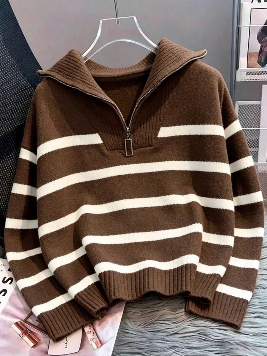 秋冬新款女款條紋百搭套頭毛衣，時尚高端簡約拉鍊針織上衣休閒秋季 - 咖啡棕 - 查看 1