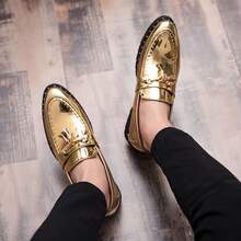 Men's Shiny Metallic Tassel Loafers Slip-On Brogue Carved Rivet Thick Sole Party Stage Formal Leather Shoes - Gold - View 9