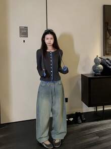 秋季新款女款韓式寬鬆2合1拼色拼接單排扣長袖防曬薄款開襟衫 - 深灰色 - 查看 9