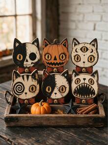6pcs/1pc Vintage Halloween Indoor Decor, 15cm/5.91in Halloween Cat Wooden Shelf Decor Blocks, Skull, Black Cat, Primitive Style Halloween Decoration, Housewarming Gift, Gothic Style Wooden Cat Head, Handmade Distressed Antique Skull Cat Head, Indoor Decoration, Vintage Wooden Block Shelf Decor, 6 Styles Available, Collectible Figurines - Multicolor - View 3