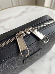 GUCCI Classic Monogram Print Camera Crossbody Bag, Double Zipper Square Shoulder Purse, Casual Daily Messenger Bag For Men & Women,Bedroom Room Decor,Back To School - Black - View 3