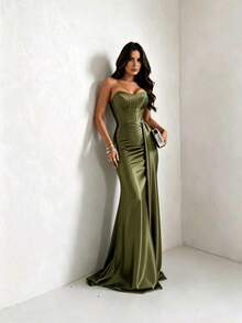 Satin Dress For Parties And Special Occasions, Strapless, Elegant - Olive Green - View 3