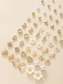 30 Pairs Exquisite Minimalist Star, Heart, Cherry, Flower Earrings Set For Women, Dating Stud Earrings Gift - Yellow Gold - View 4
