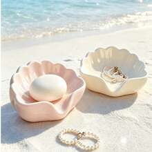 1/2pcs Nordic Style Shell Shaped Soap Dish, Multi-Functional Cosmetic & Jewelry Storage Tray, White Desktop Decor, Bathroom Accessories, Non-Slip Soap Holder, Vanity Tabletop Organizer, Minimalist Home Decor, Bathroom Essentials - Multicolor - View 5