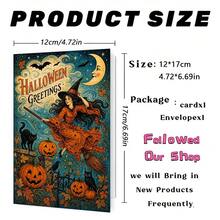 1 Greeting Card + 1 Envelope Mystical Halloween Greeting Card, Witch Flying On Broomstick "Halloween Greetings", Perfect For Friends, Spooky Autumn Vintage Art Style. - View 4