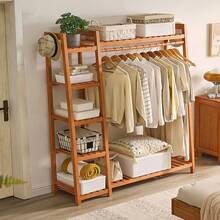 LIVINGANDHOME 110/130cm Width Bamboo Bedroom Garment Clothes Rack With Storage Shelves And Hanging Rail,Garment Rack,Bamboo Clothes Rail,Clothing Standing Rack For Bedroom Hallway Entryway - Brown - View 6