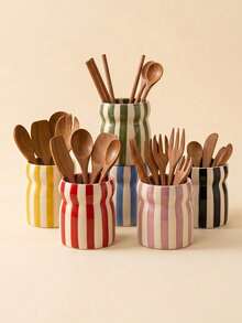 1pc Vintage Striped Ceramic Utensil Holder, Nordic Style Kitchen Storage Canister, Multifunctional Pen Holder & Utensil Organizer, Home Decor - Multicolor - View 2