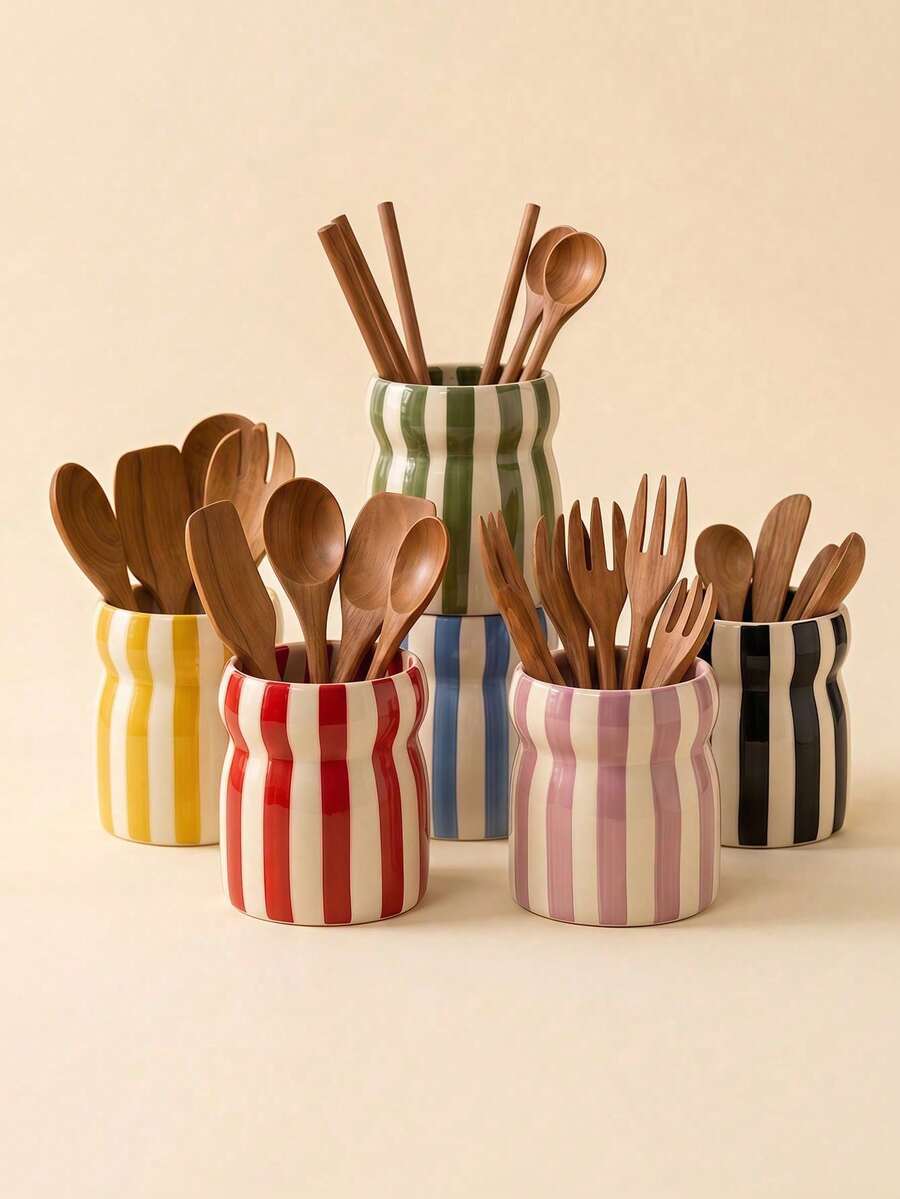 1pc Vintage Striped Ceramic Utensil Holder, Nordic Style Kitchen Storage Canister, Multifunctional Pen Holder & Utensil Organizer, Home Decor