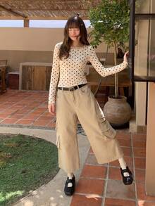 Spring/Autumn Casual Polka Dot Round Neck Long Sleeve T-Shirt - Apricot - View 4