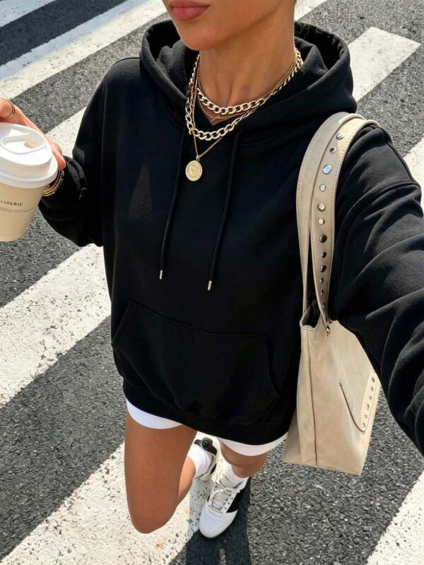Women's Kangaroo Pocket Hoodie, Casual Slouchy Style, Suitable For Spring/Autumn, Daily Casual Wear, Outdoor And Home Sports Black