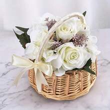 Handmade Woven Rattan Mini Handheld Flower Basket With Ribbon Bow, Exquisite Floral Arrangement Decorative Container, Outdoor Camping Picnic Fruit Storage Basket, Home Desktop Cabinet Sundries Organizer Storage Basket, Wedding Favor Photography Prop Versatile Woven Small Basket - Beige - View 7