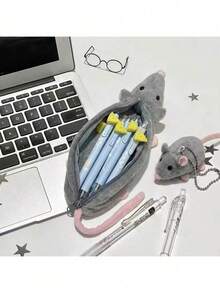 Mouse Shape Plush Pencil Case With Glasses Stationery Storage Bag Office Desktop Organizer For Students Teens,Office Supplies,School Supllies - Slimming Mouse Pencil Case + Wire Glasses - View 7