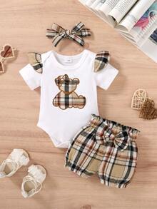 3pcs/Set Casual Sweet Elegant Cute Baby Girl Clothes Set, Soft & Comfortable, Cartoon Bear Embroidery Ruffle Romper And Plaid Sports Shorts With Headband - Multicolor - View 2