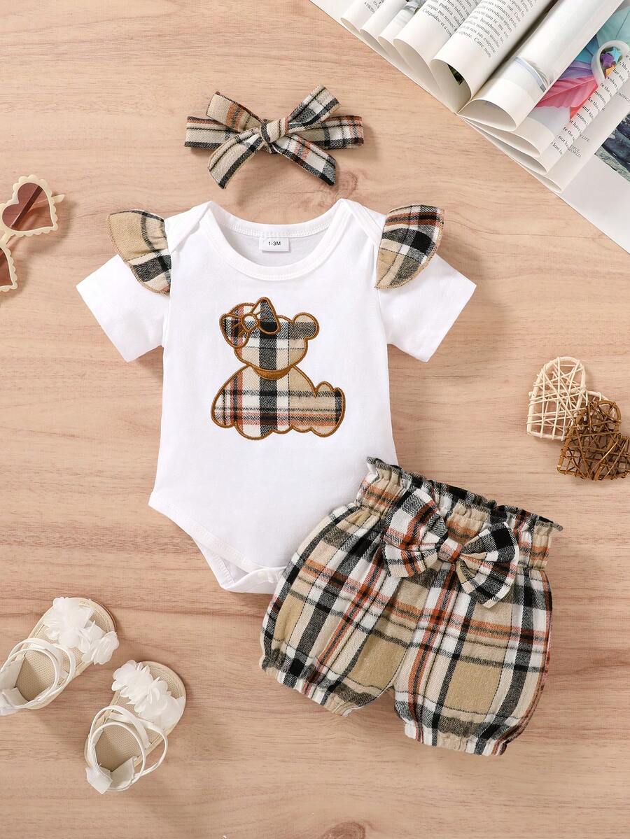 3pcs/Set Casual Sweet Elegant Cute Baby Girl Clothes Set, Soft & Comfortable, Cartoon Bear Embroidery Ruffle Romper And Plaid Sports Shorts With Headband
