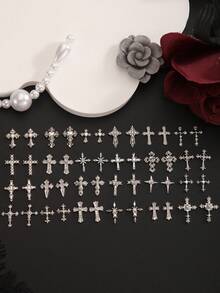 24-Grid Box/120pcs Bulk Mixed Vintage Rhinestone Cross Metal Nail Art Charms, Punk Style Silver Cross 3D Nail Decor Accessories DIY Rhinestone Decoration Set - Multicolor - View 9