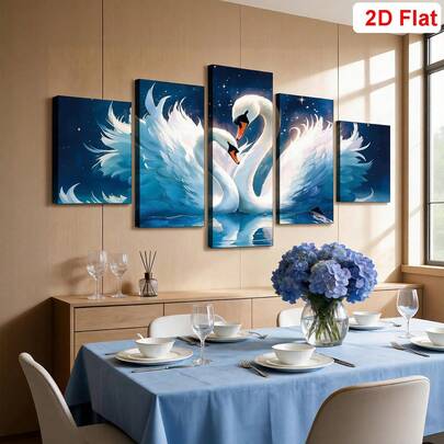 5Pcs Framed/Unframe Canvas Wall Art,Romantic White Swans Love Animal Themed Modular Prints,2D Flat Aesthetic Wall Posters, Waterproof Decorative Painting For Living Room Bedroom Office Restaurant,Home Decoration,Holiday Housewarming Gift