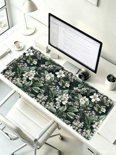 Green Leaf & White Flower Pattern Mouse Pad, Large Desk Mat, Multiple Sizes Available, Non-Slip Rubber Bottom With Stitched Edges, Decorative Desk Accessory, Suitable For Back To School And Office Use