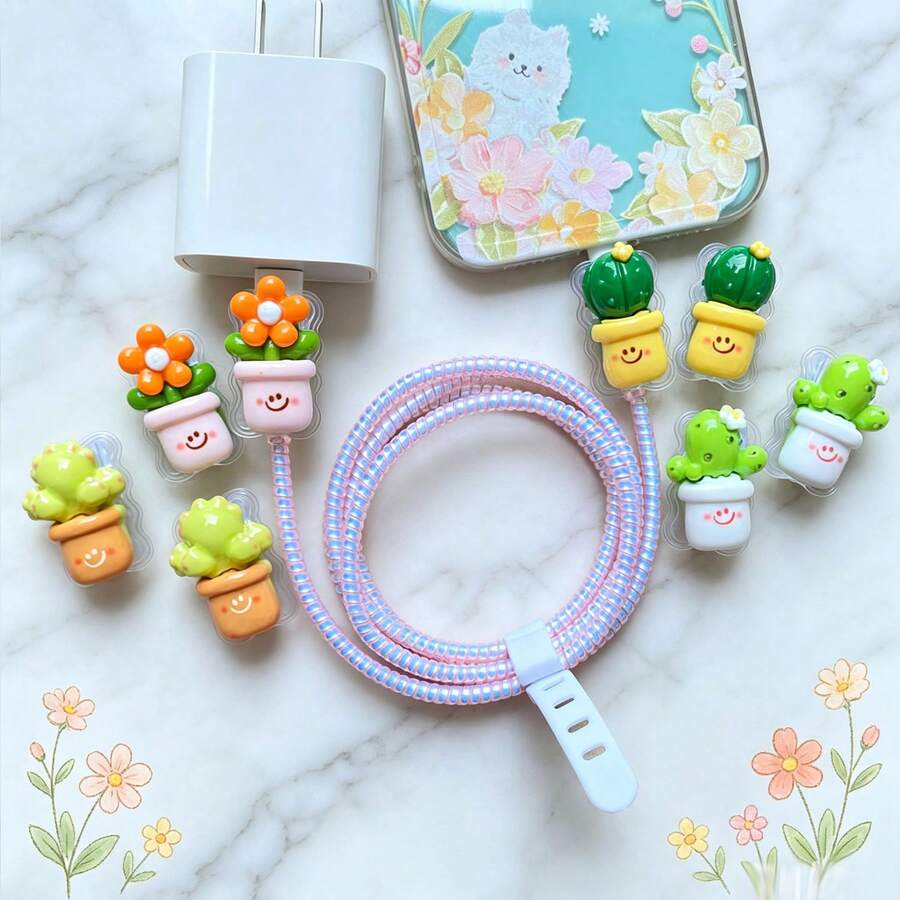 Flower Design Cable Protector, Anti-Breakage Charging Cable Protector, Compatible With IPhone 12-15/16, Type-C & Lightning Data Cable Protector, Cute Decorative Charging Cable Protector - Multicolor - View 1