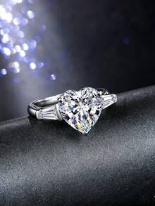 MONALLY Heart Cubic Zirconia Ring Engagement Ring Women Promise Ring Open Adjustable Ring Baguette Side Stones Ring Heart Wedding Band Jewelry Gift - Open Ring - View 3