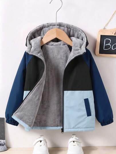 Tween Boy Autumn/Winter Colorblock Hooded Thermal-Lined Warm Jacket, Thick Thermal-Lined Softshell Coat, Mid-To-Large Kids' Autumn/Winter Outdoor Padded Coat, Suitable For Late Autumn And Cold Winter Outdoor Activities And Daily Wear