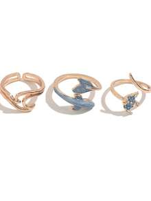 3pcs/Set Ocean Style Dolphin Tail Rings, Geometric Asymmetrical Women's Fashion Personalized Ring Set, Suitable For Beach Vacation Party - Gold - View 6