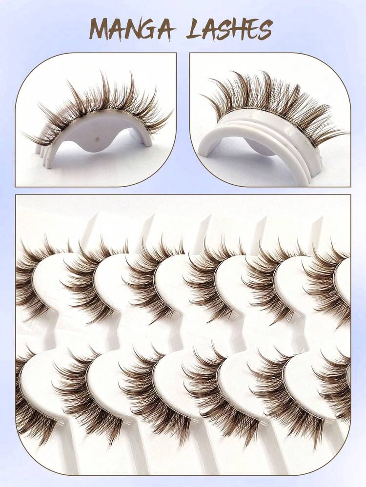 6 Pairs Brown Lashes With Spikes, Clear Band False Eyelashes, Manga Lashes, Japanese Anime Cosplay Natural Makeup Party Eyelashes - Brown - View 5