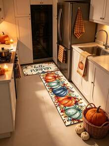 1/2pcs Thanksgiving Multi-Color Pumpkin Pattern Kitchen Decor Rug, Autumn Kitchen Carpet And Mat, Non-Slip Washable Absorbent Kitchen Accessories Decorative Mat, Thanksgiving Holiday Gift! - Multicolor - View 2