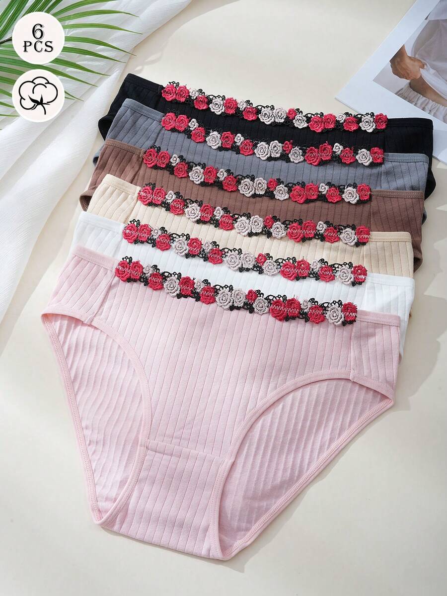 6 Pcs Women's Ribbed Cotton Briefs With Floral Waistband, Breathable Comfortable Underwear For Women Versatile Underwear For Work, Home & Light Sports - Multicolor - View 1