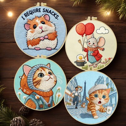 1PC 20*20cm/7.9*7.9in, Hamsters And Cats Embroidery Kit, DIY Handmade Embroidery Set For Adult Beginners, Home Gift, Women's Sewing Gift, Including User Manual, Printed Pattern Fabric, Embroidery Frame, Needle And Thread.