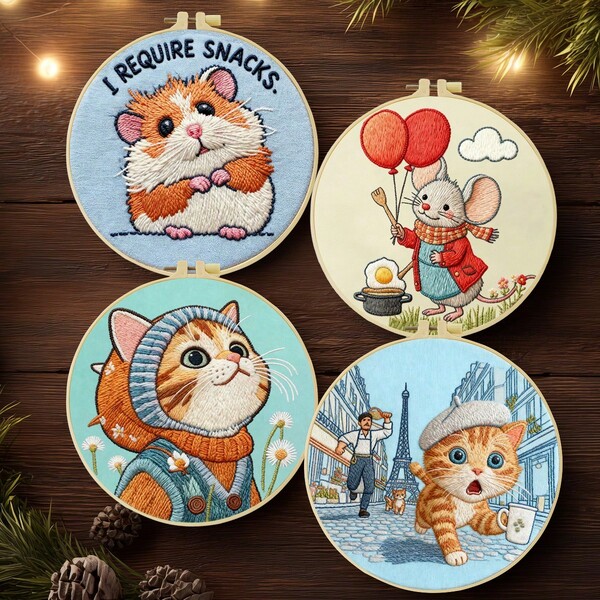 1PC 20*20cm/7.9*7.9in, Hamsters And Cats Embroidery Kit, DIY Handmade Embroidery Set For Adult Beginners, Home Gift, Women's Sewing Gift, Including User Manual, Printed Pattern Fabric, Embroidery Frame, Needle And Thread.