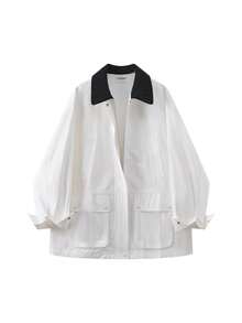 Korean Style Patchwork Lapel Denim Trench Coat Zip-Up Jacket, College Daily Vacation Spring Autumn - White - View 1
