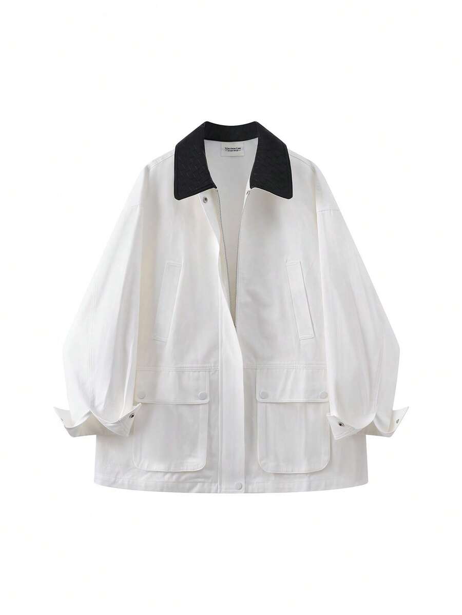 Korean Style Patchwork Lapel Denim Trench Coat Zip-Up Jacket, College Daily Vacation Spring Autumn - White - View 1
