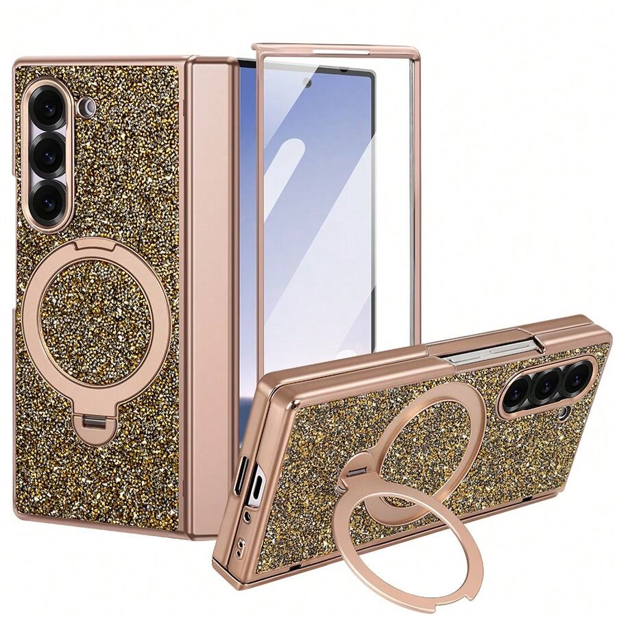 VIETAO 時尚高品質亮面電鍍隱藏圓形支架 Galaxy Z Fold 7 6 折疊手機殼 全機身保護套 含鋼化玻璃螢幕保護貼 - 金色 - 查看 1