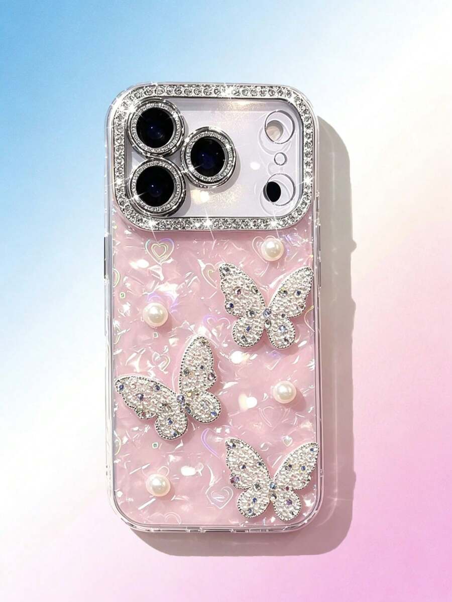 1 Buah Casing Ponsel Premium Rhinestone Pink Pearl Heart Butterfly untuk Apple 17 Pro Max/17 Pro/17/16 Pro Max/16/16 Pro/16 Plus/15/15 Pro Max/15 Pro/15 Plus/11/12/13/14 Pro Max/12 Pro/12 Pro Max/13 Pro/13 Pro Max/7 Plus/14 Pro/14 Pro Max/14 Plus - Kupu-kupu Mutiara Merah Muda - View 1