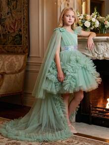 Tween Girl Sequin Decorated Asymmetrical Shoulder Bow Puff Cake Train Dress For Wedding Birthday Occasions All Season - Mint Green - View 2