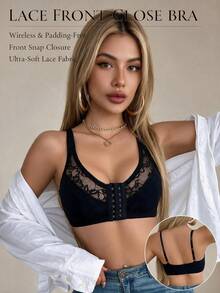 1pc Women's Elegant Lace Patchwork Knit Fabric Wire-Free Padded-Free Comfortable Front Closure Bra - Black - View 2