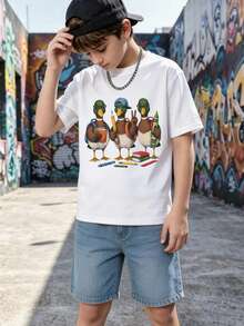 Boys White Short Sleeve T-Shirt With Three Cartoon Ducks In Hats, Pencils And Books Print - White - View 1