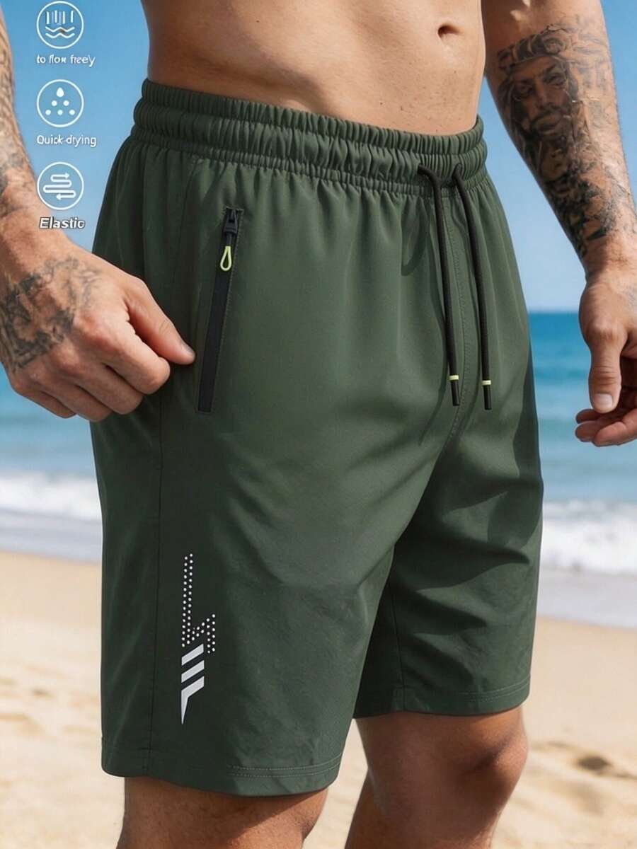 Men's Lightweight Summer Outdoor Sports Shorts, Solid Color Printed Zipper Pocket Shorts, Breathable Quick-Dry Fitness Running Pants - Army Green - View 1