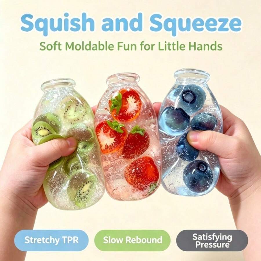 SQUISHY-Fruit Milk Bottle Drift Bottle Squeeze Toy-Realistic Fruit Blueberry Kiwi Strawberry Soda Bottle Edible Play Stress Relief Soft Rubber Bottle Toy - Multicolor - View 1