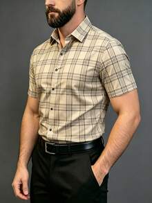 British Style Khaki Plaid Short Sleeve Shirt, Men's Slim Fit Office Casual Top - Khaki - View 2