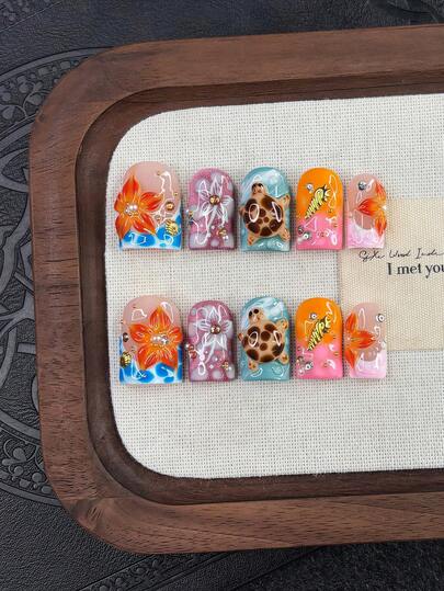 10pcs/Set Y2K Nails Handmade, Cute Nails, Pink Nails, Cat Eye Nails, 3D Orange Flowers Nail & 3D Sea Turtle Pattern Nails, Perfect For Parties & Daily Wear. Short Square Nails. Handmade Press On Nails Square, Fake Nails, Acrylic Nails, Handmade Nails