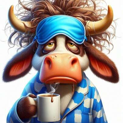 5D Round Diamond DIY Frameless Diamond Painting, Tired Pajama Cow Holding Coffee Cartoon Pattern, Suitable For Holiday Gift, Birthday Gift, Easter Gift, Halloween Gift, Christmas Gift, Party Gift, Artistic Floral Living Room Wall Art, Home Wall Decor, Autumn Decor, Room Decor Craft, Halloween Decor