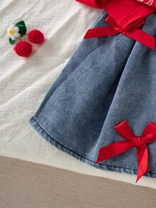 Autumn/Winter Cute Red American Style Bow Long Sleeve Round Neck Top & Ribbon Bow Denim Pleated Skirt Commuter Chic Set - Red - View 5