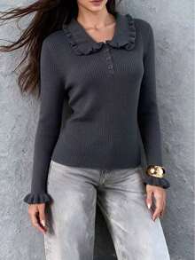 2026 Autumn New Frill Trim Polo Collar Knitted Slim Fit Vertical Ribbed Ruffle Cuff Flattering Versatile Long Sleeve Inner Layer Top - Dark Grey - View 4
